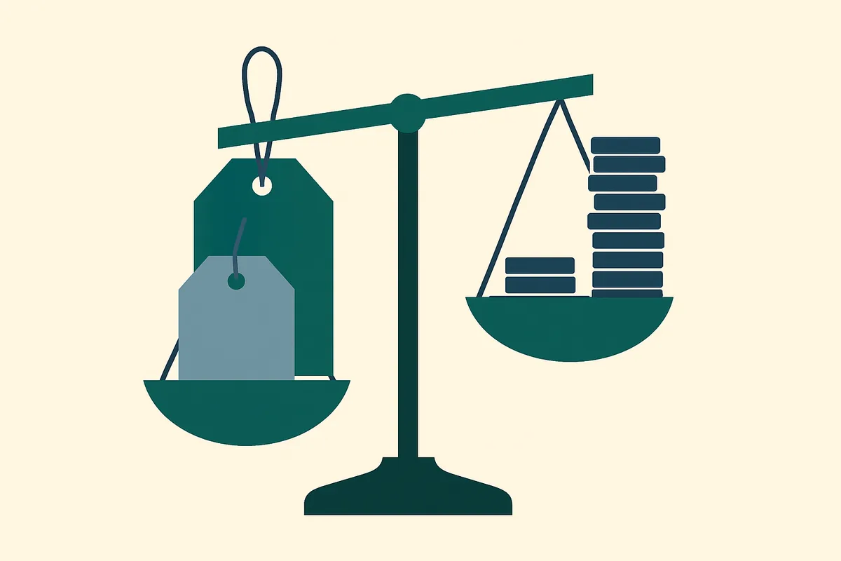 A flat illustration of a balance scale tipped by a tall stack of coins, with two blank price tags behind it.