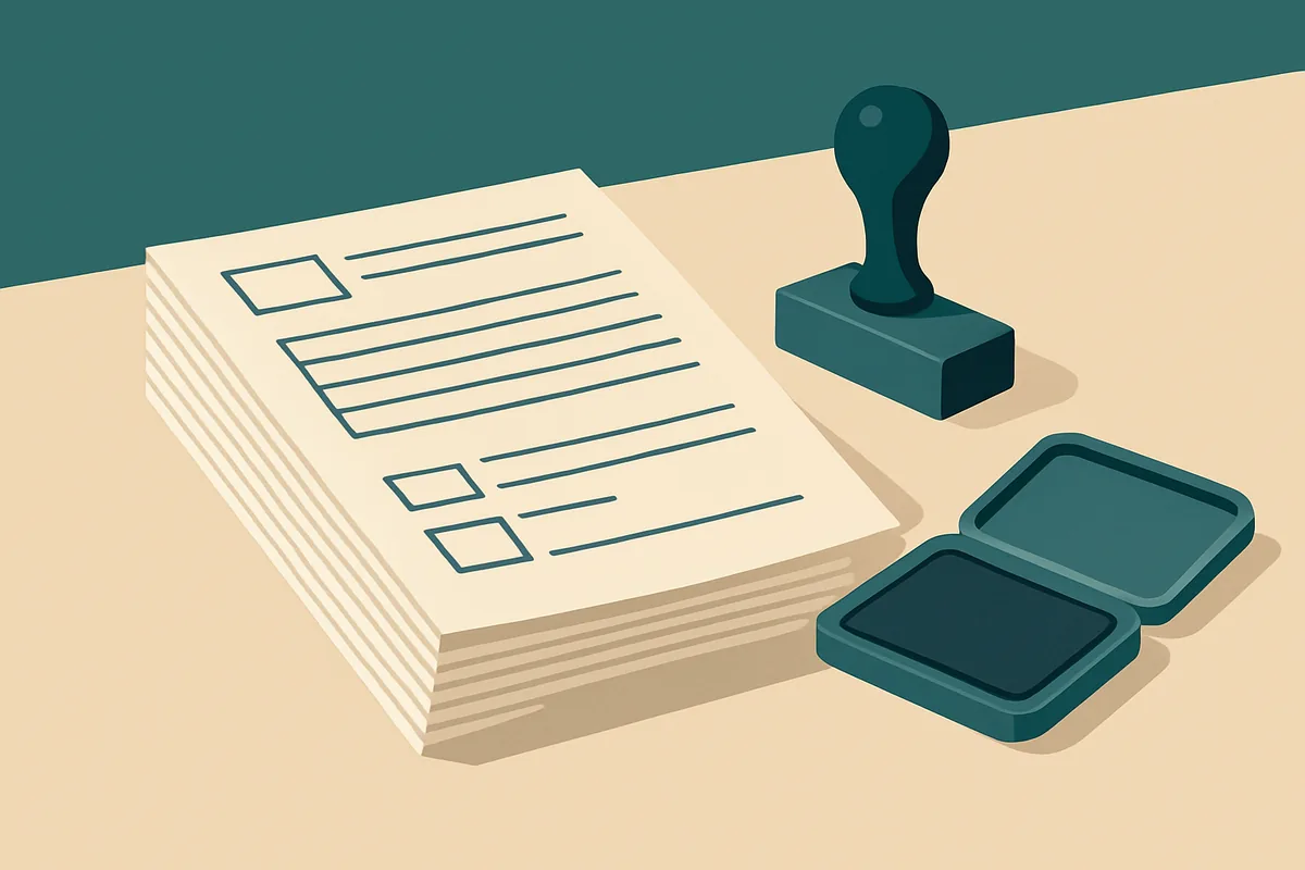 A flat illustration of a stack of stamped paper forms beside a rubber stamp on a desk.
