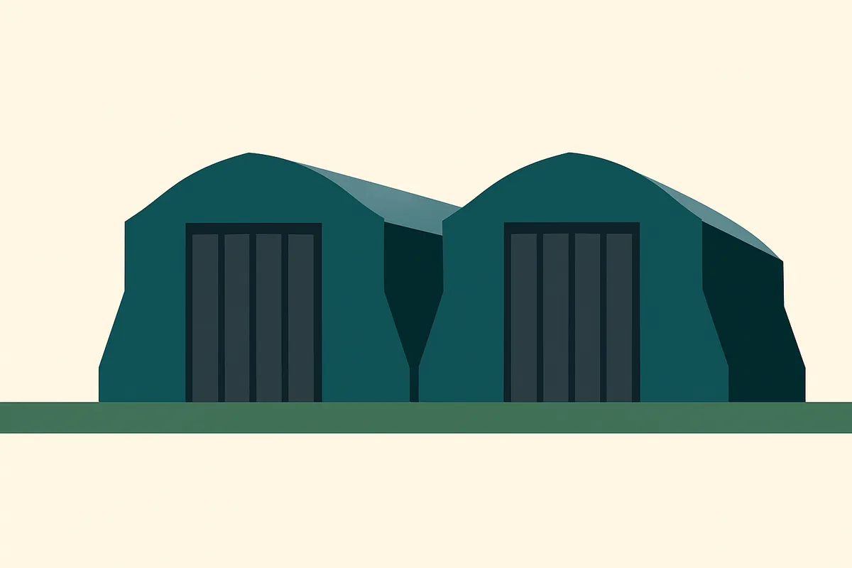 A flat illustration of the Cardington airship hangars.
