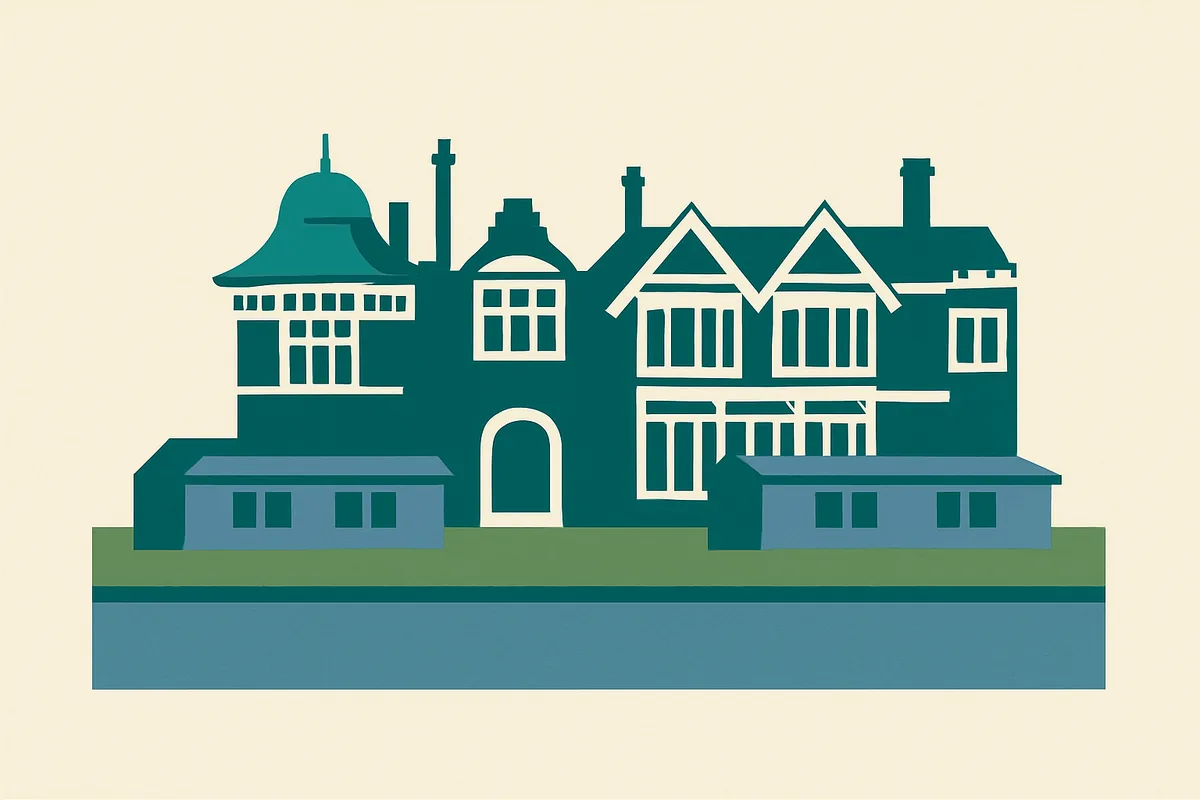 A flat illustration of Bletchley Park.