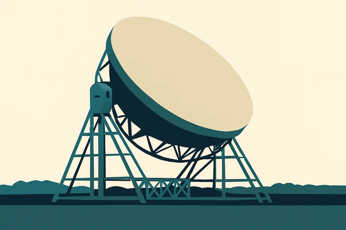A flat illustration of the Lovell Telescope at Jodrell Bank.