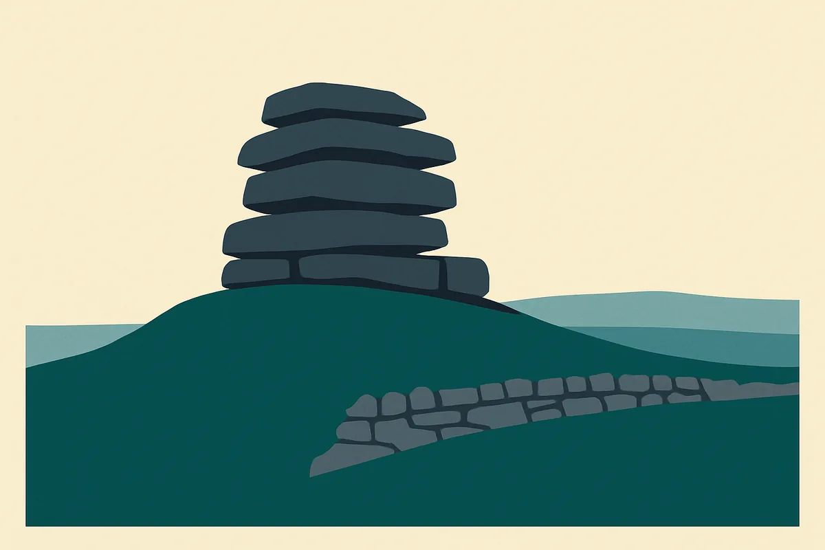 A flat illustration of a Dartmoor tor.