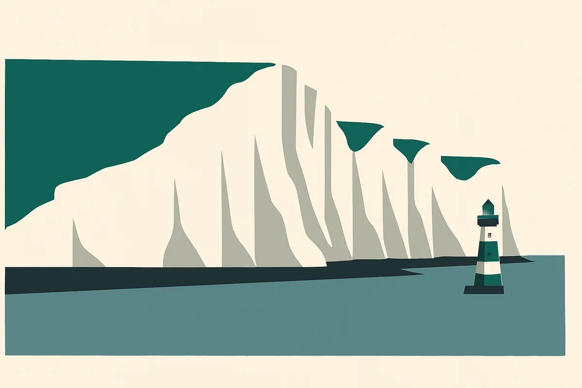 A flat illustration of the Seven Sisters cliffs and Beachy Head lighthouse.