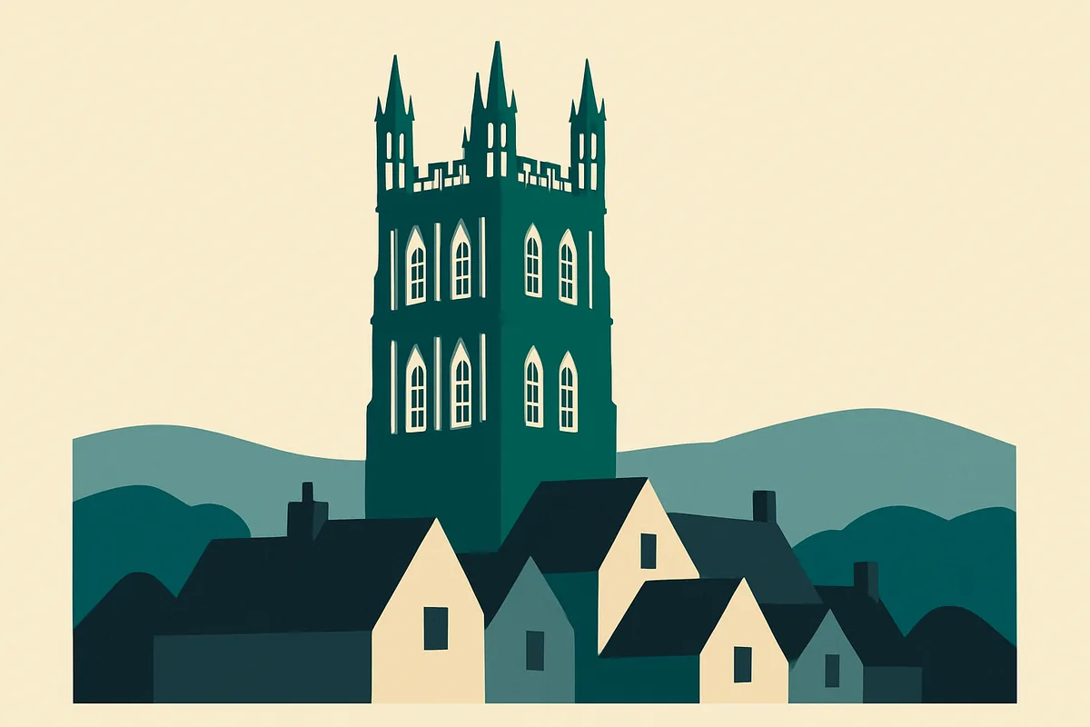 A flat illustration of Gloucester Cathedral and the Cotswolds.