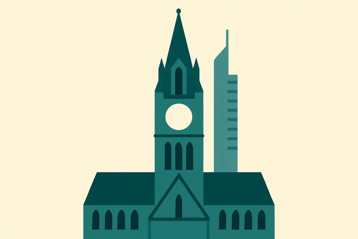 A flat illustration of Manchester Town Hall.