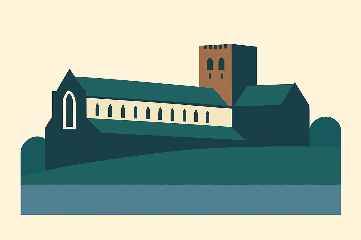 A flat illustration of St Albans Cathedral.