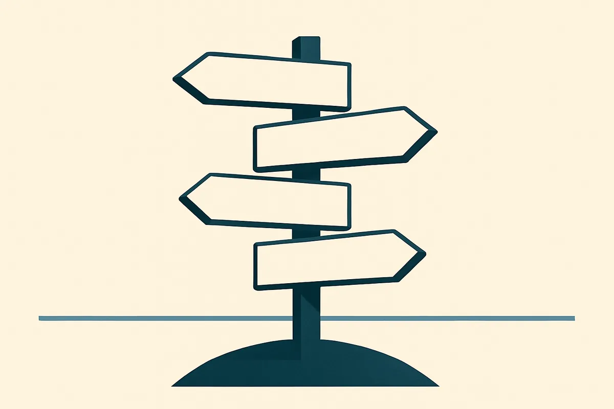 A flat illustration of a plain signpost with blank arms above a simple horizon.