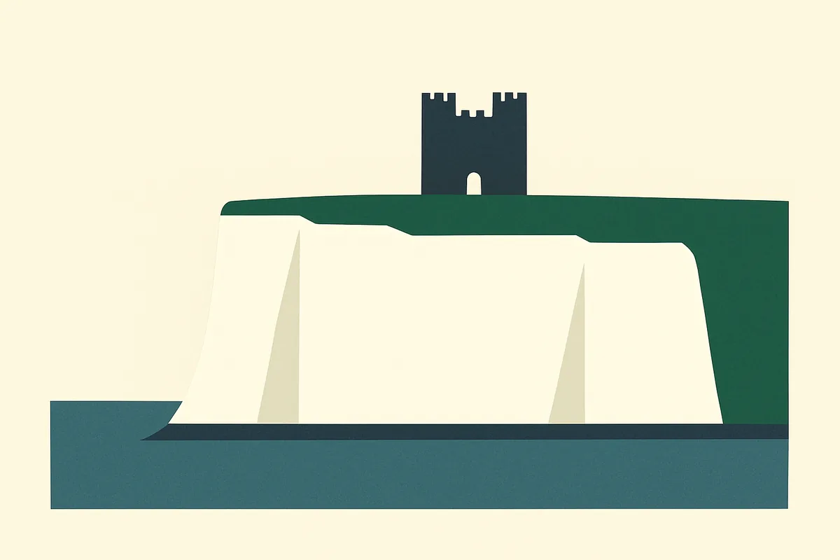 A flat illustration of the White Cliffs of Dover and Dover Castle.
