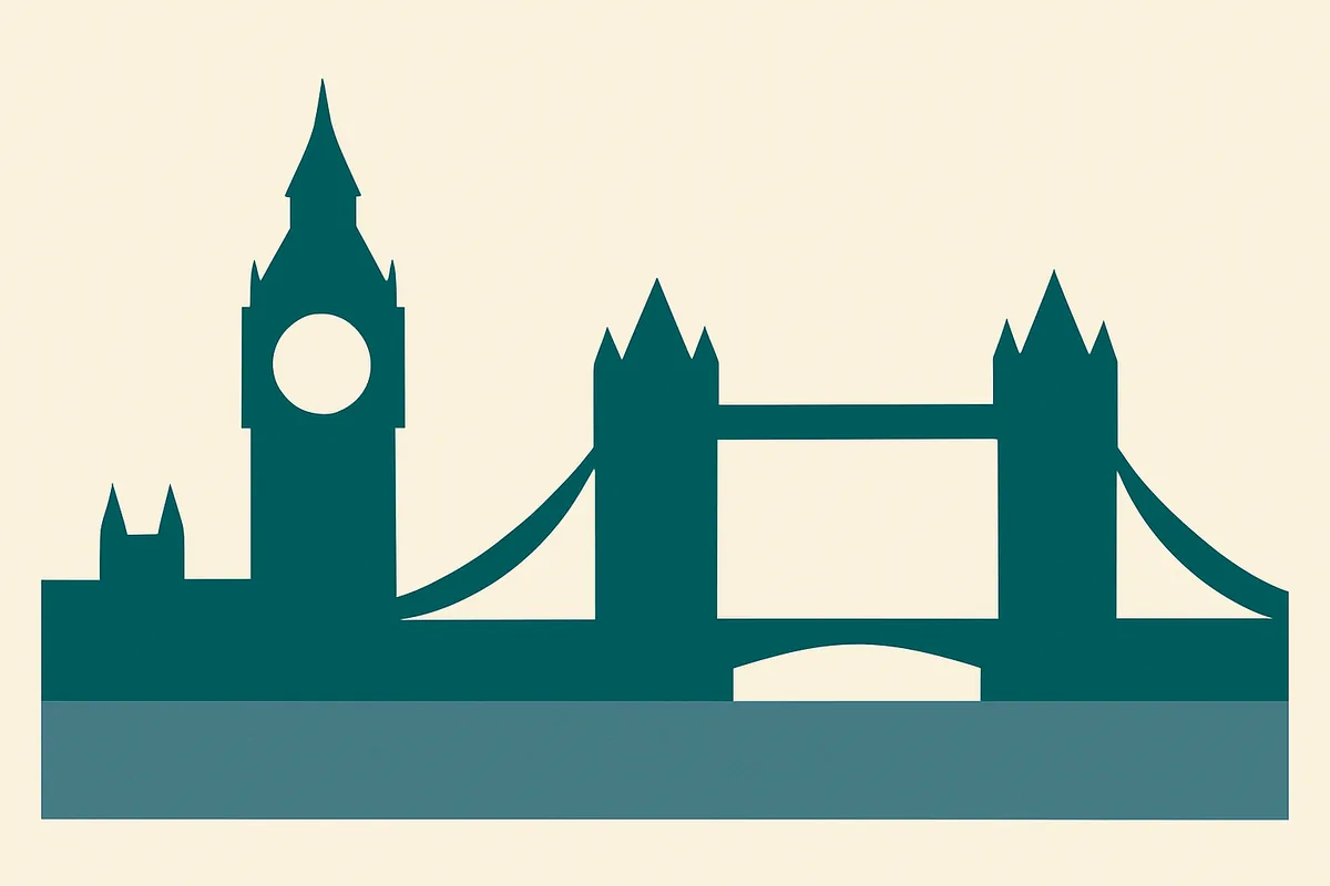 A flat illustration of the Palace of Westminster and Tower Bridge.