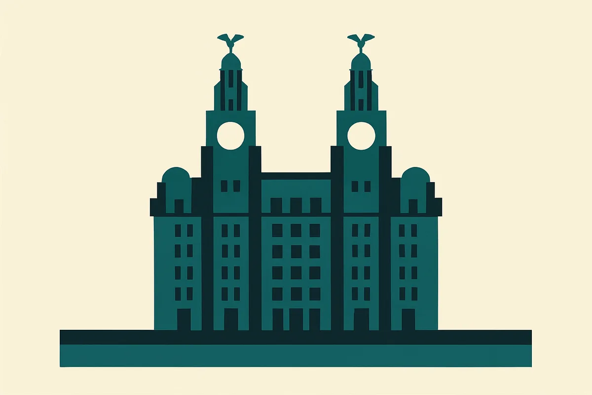 A flat illustration of the Royal Liver Building, Liverpool.