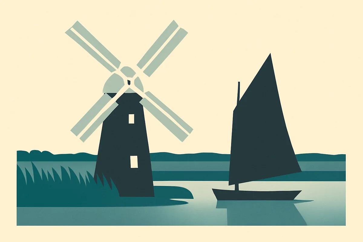 A flat illustration of a Norfolk Broads drainage mill.