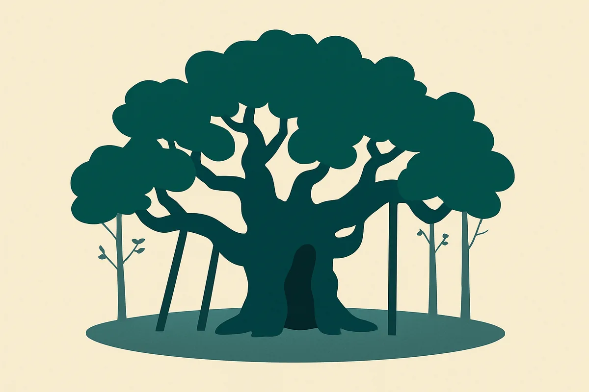 A flat illustration of the Major Oak in Sherwood Forest.