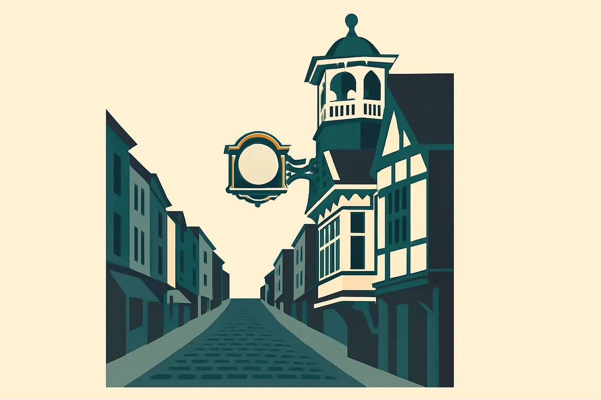 A flat illustration of Guildford High Street and its Guildhall clock.