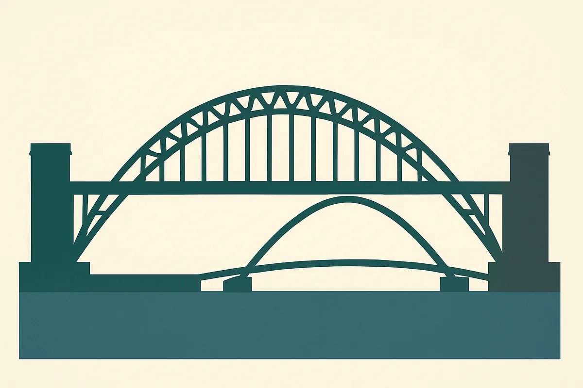 A flat illustration of the Tyne Bridge and the Gateshead Millennium Bridge.