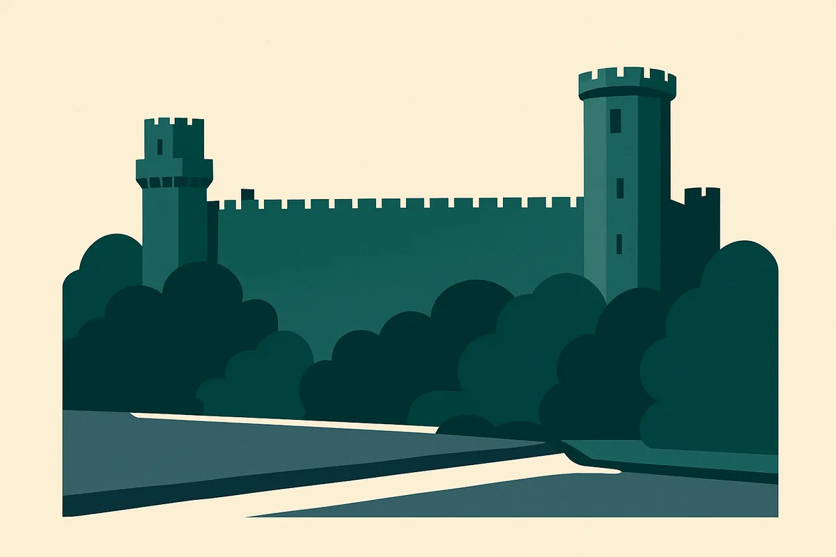 A flat illustration of Warwick Castle.