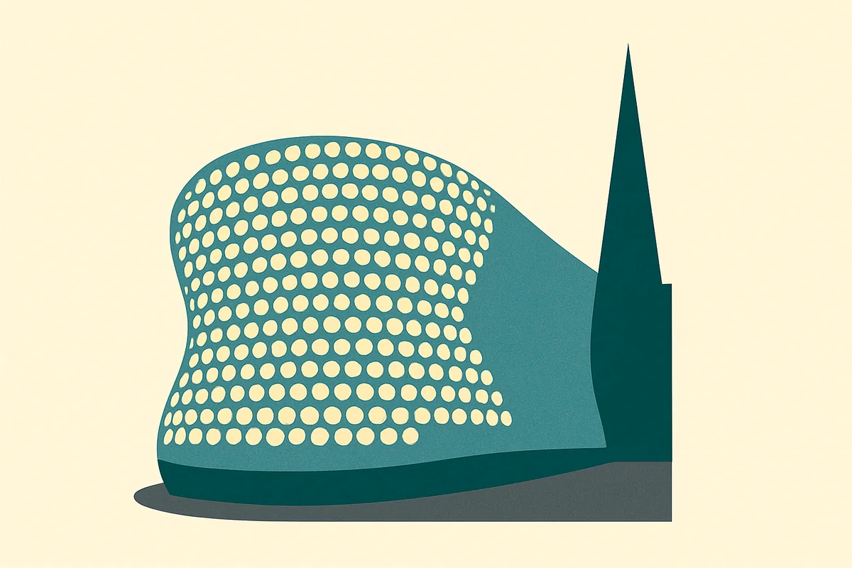 A flat illustration of the Selfridges building at the Bullring, Birmingham.