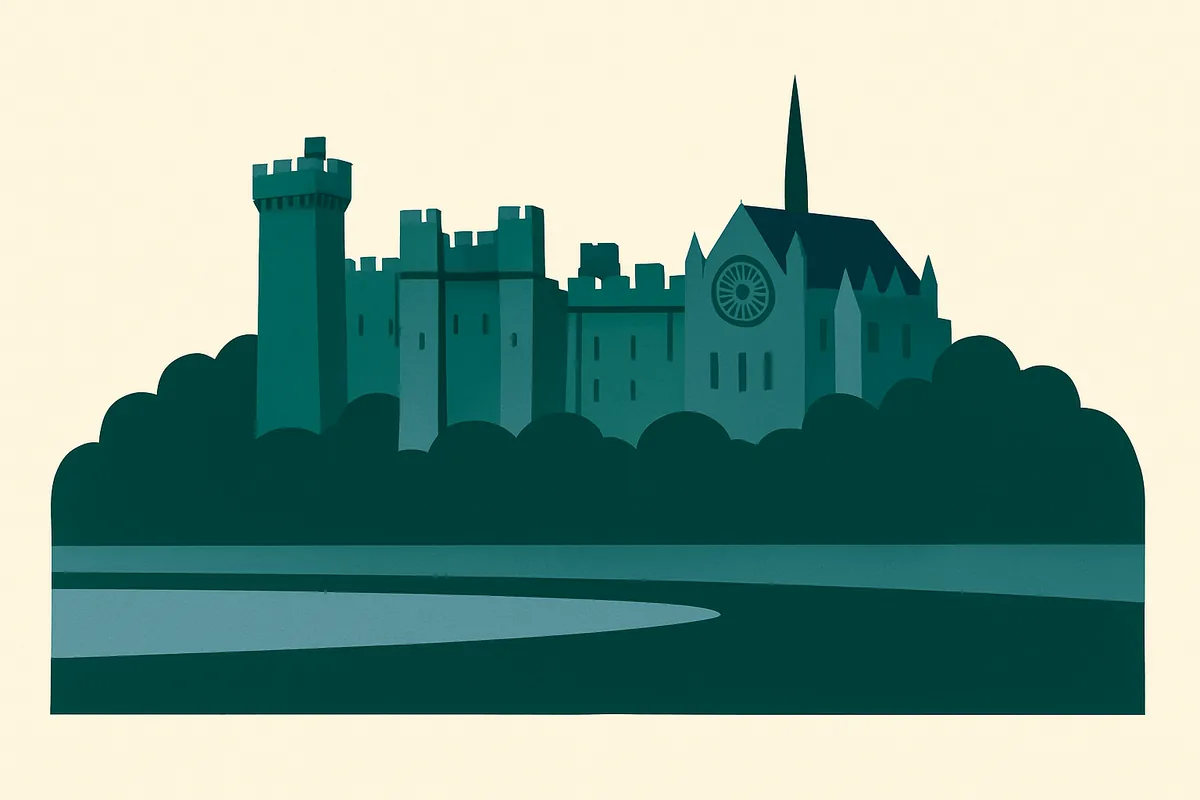 A flat illustration of Arundel Castle and cathedral.