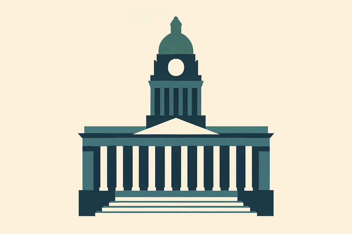 A flat illustration of Leeds Town Hall.