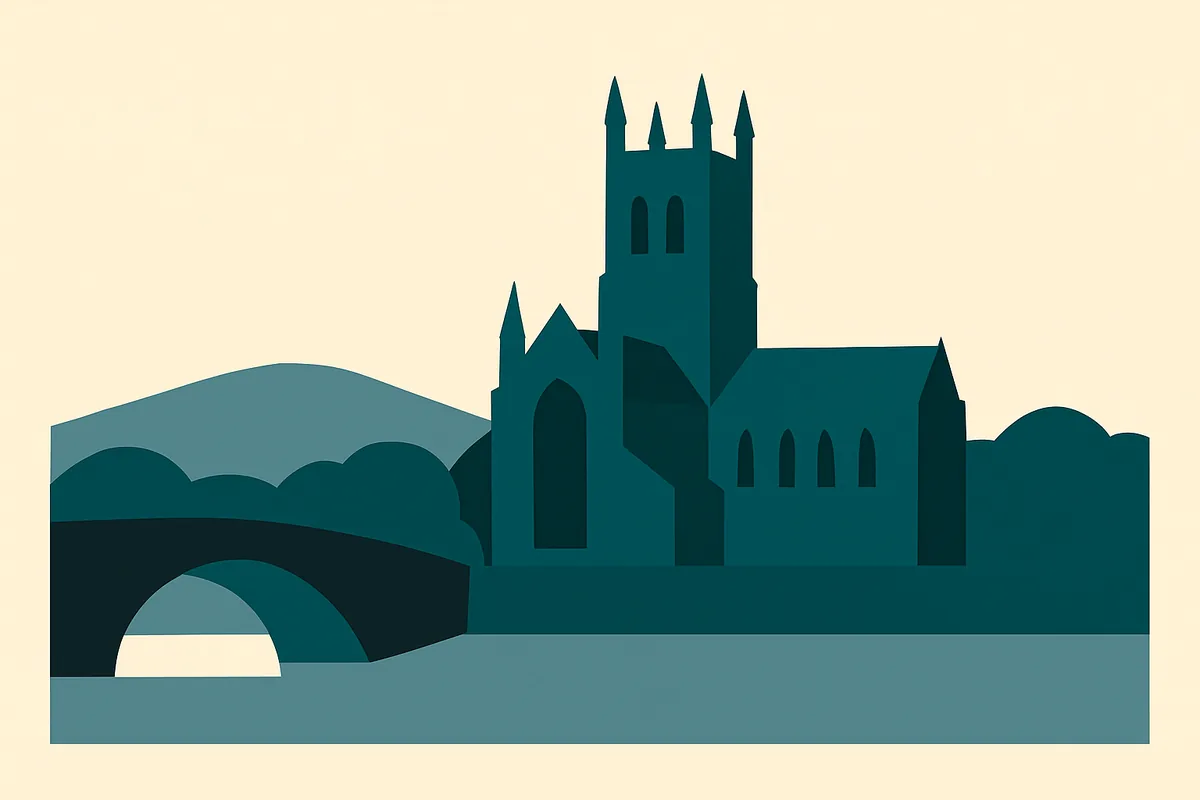A flat illustration of Worcester Cathedral and the Malvern Hills.
