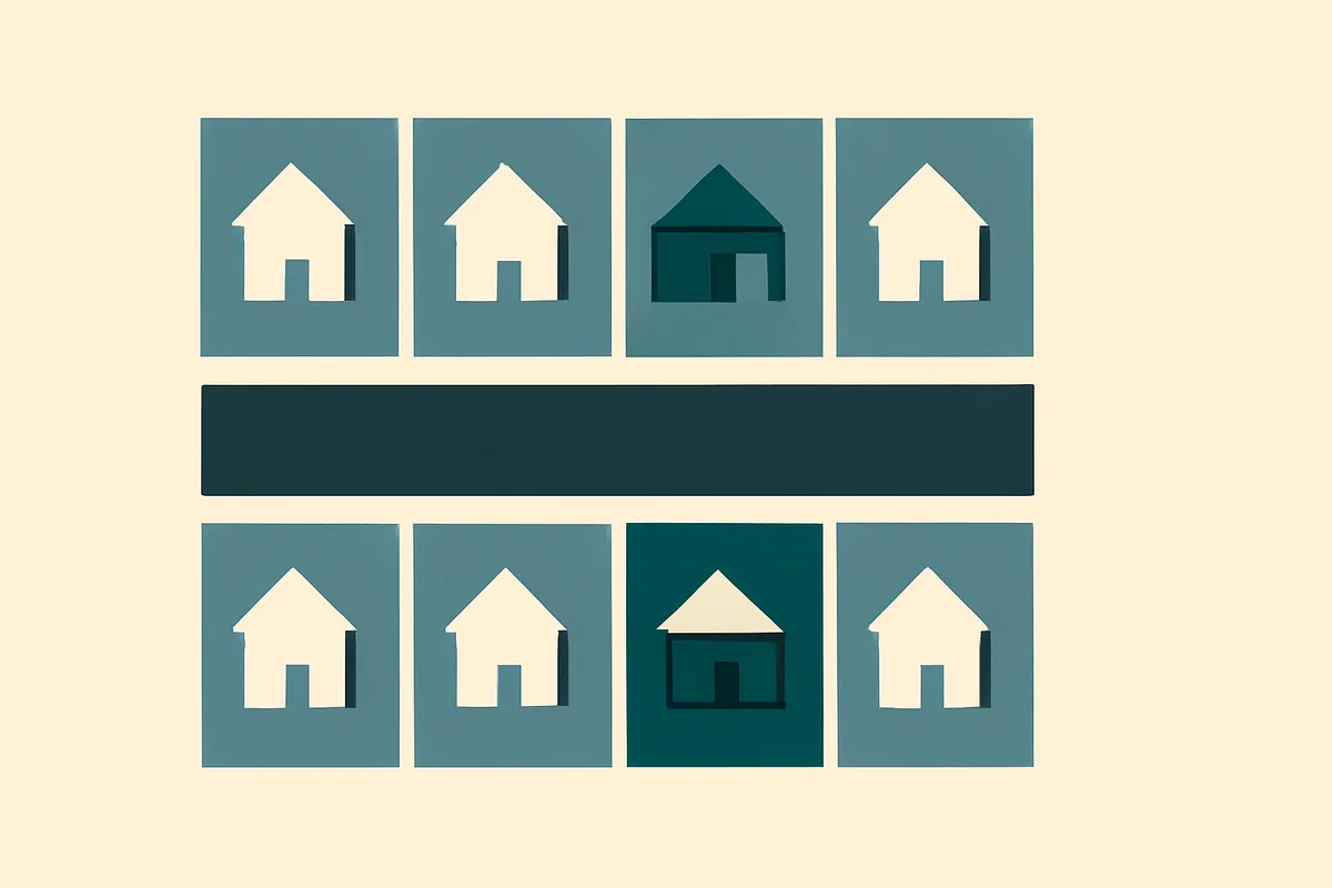 A flat overhead site plan of a street of generic building plots with one plot picked out.