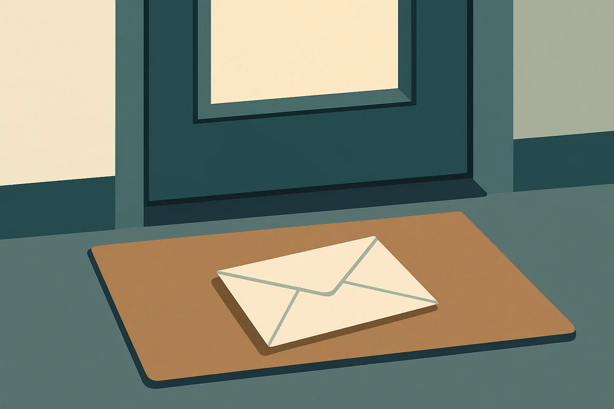 A flat illustration of a plain envelope resting on a doormat inside a front door.