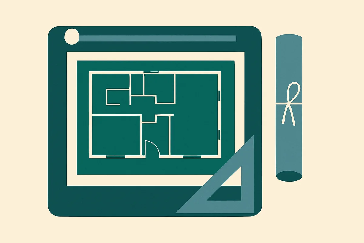 A flat illustration of an architect's drawing board holding a sheet of house plans, a rolled drawing and a set square.