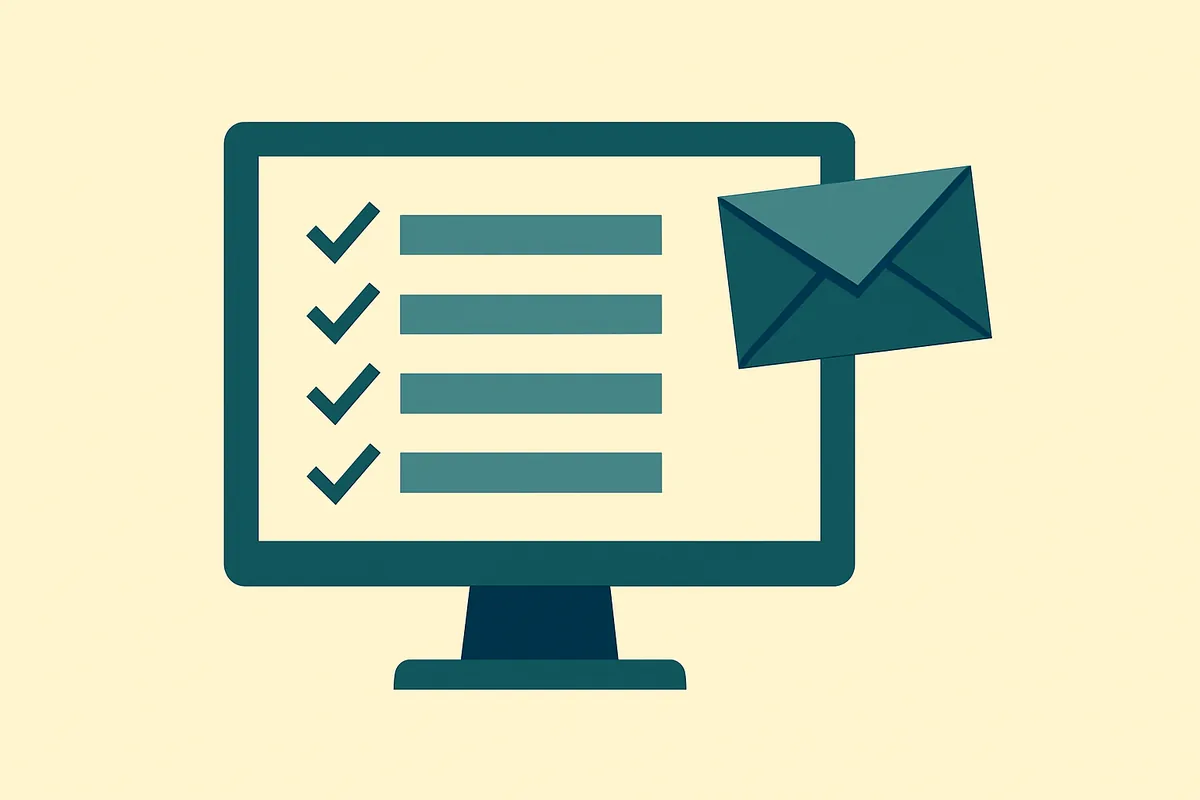 A flat illustration of a landscape computer monitor showing a list of ticked rows, with a sealed envelope leaving it.