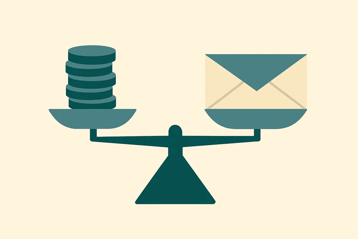 A flat illustration of a balance scale weighing a stack of coins against an envelope.