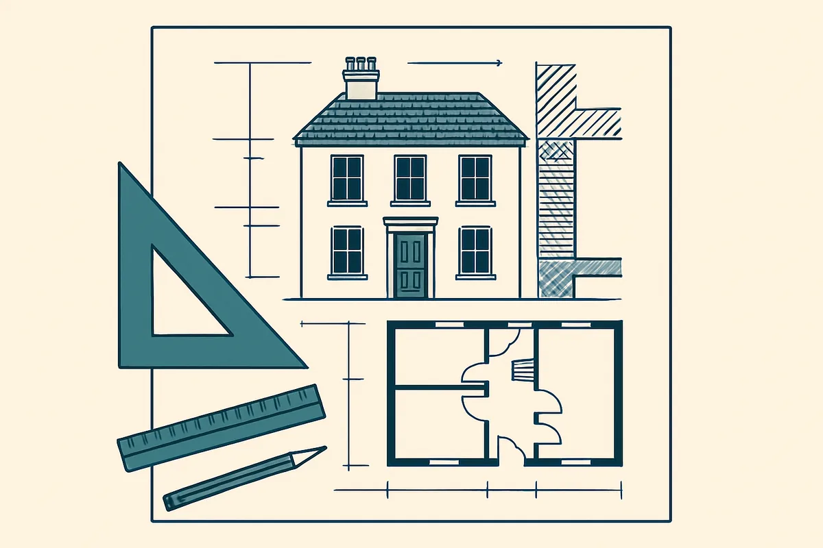 A flat illustration of a detailed architectural drawing sheet with an elevation, a wall section and a plan.