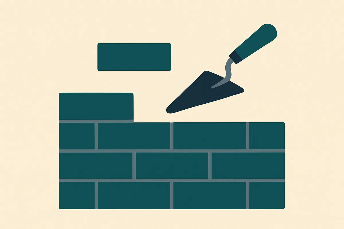 A flat illustration of a part-built brick wall of evenly sized bricks in a running bond, with a trowel resting on it.