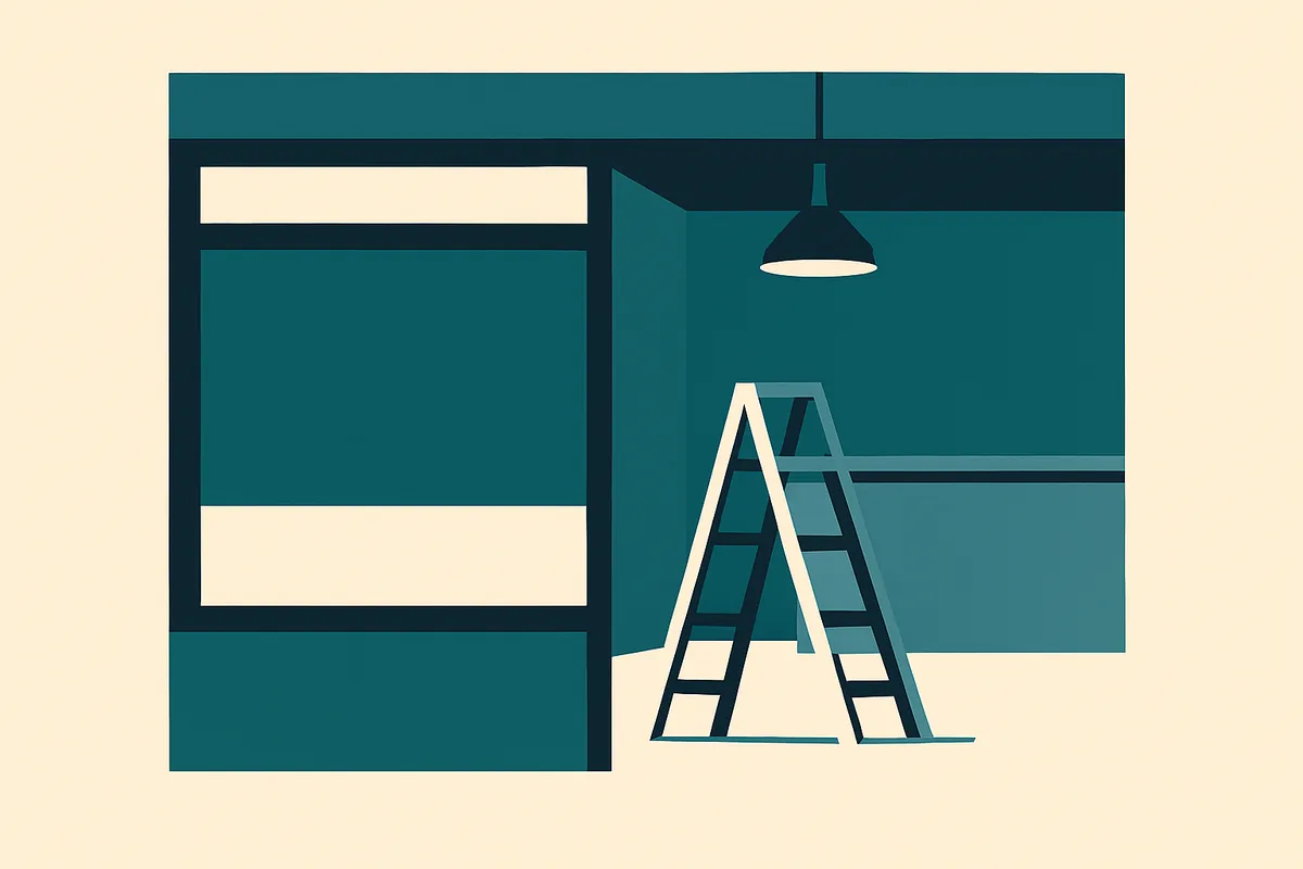 A flat illustration of an empty shop unit with a bare counter and a step ladder.