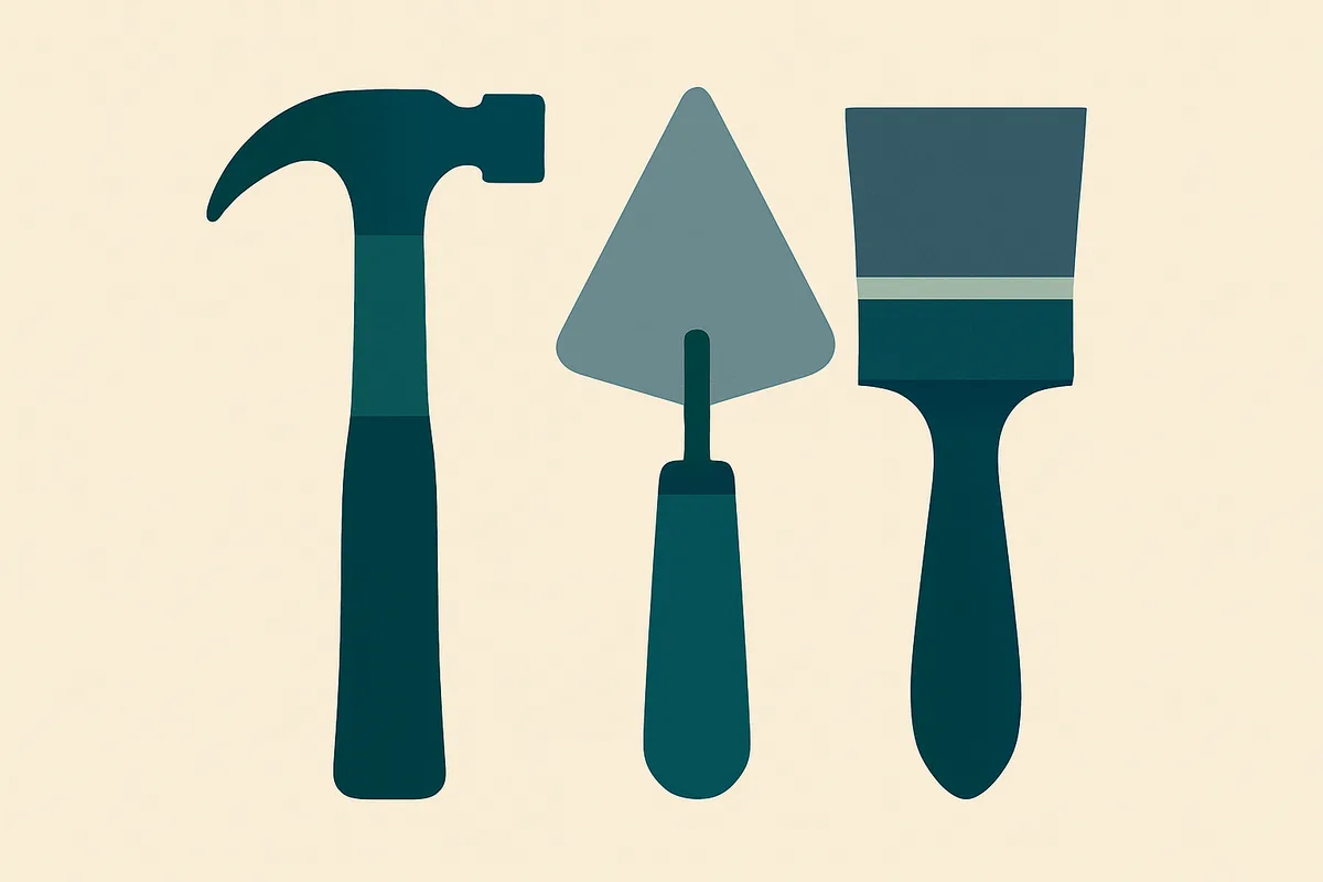 A flat illustration of three hand tools laid out in a row: a hammer, a trowel and a paint brush.
