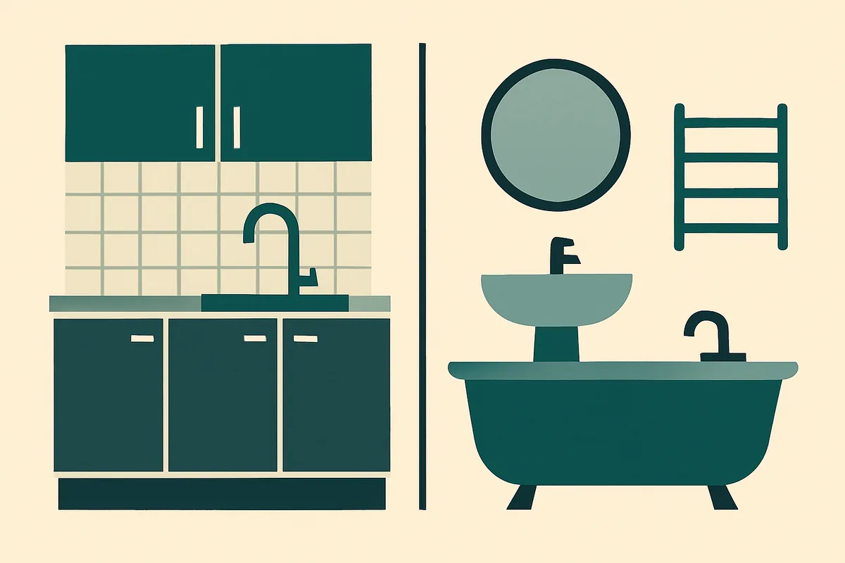 A flat illustration of a fitted kitchen and a bathroom side by side, split by a vertical line.