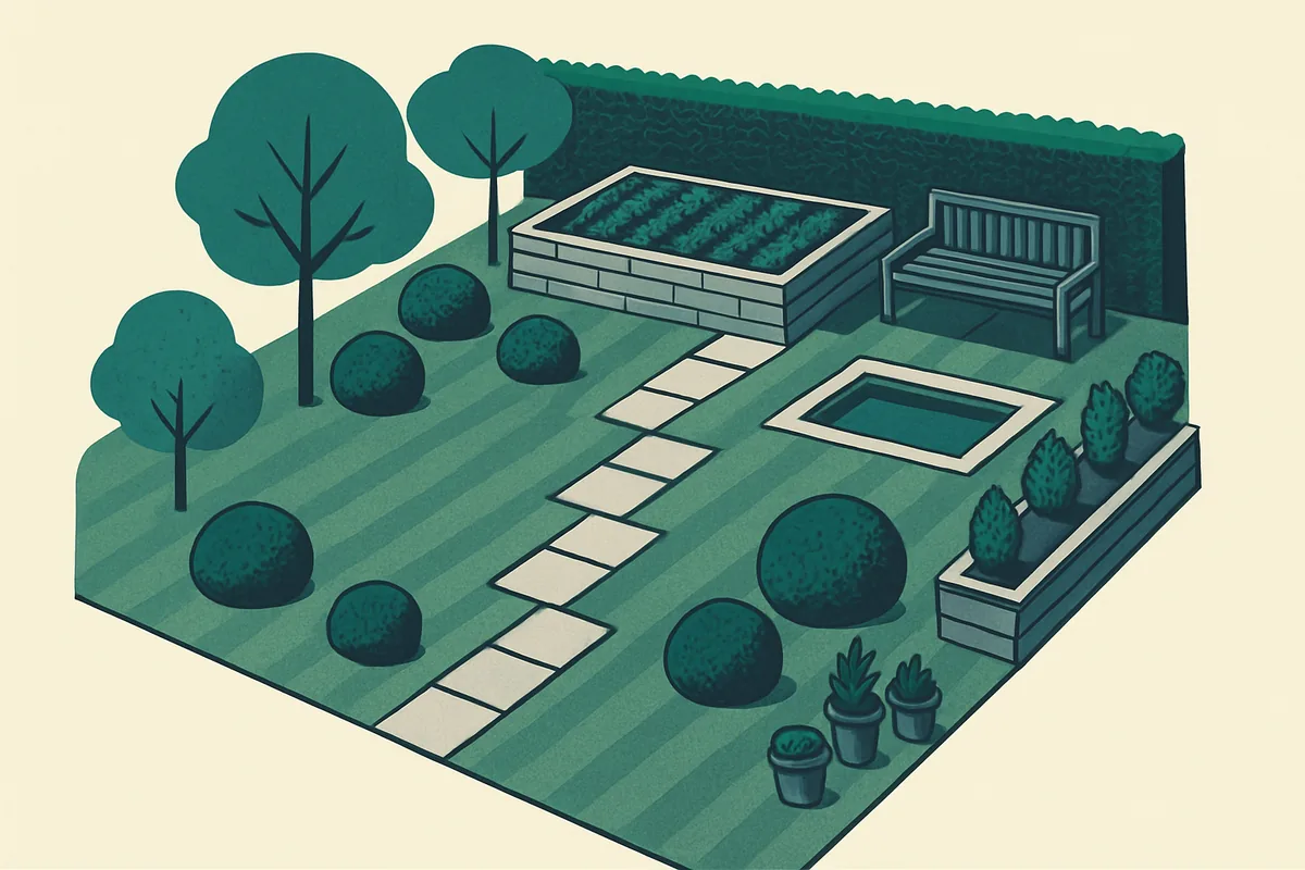 A flat illustration of a designed garden with a paved path, a pond, raised beds, hedging and clipped shrubs.