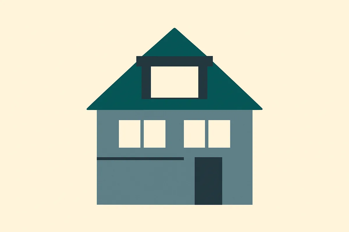 A flat illustration of a house seen from the front whose roof has been converted into a third storey, with a wide flat-roofed dormer in the roof slope.