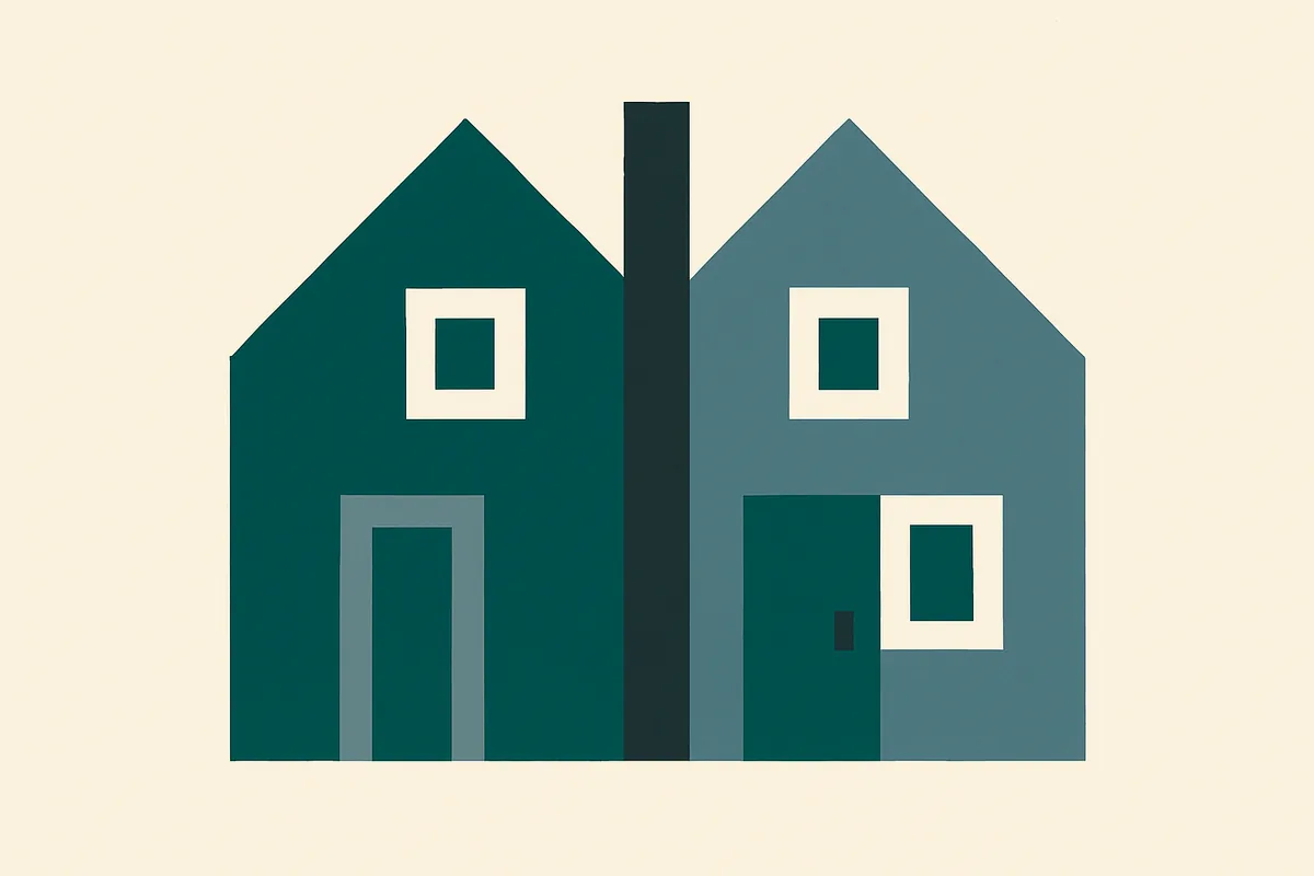 A flat illustration of two joined houses with the wall between them picked out.