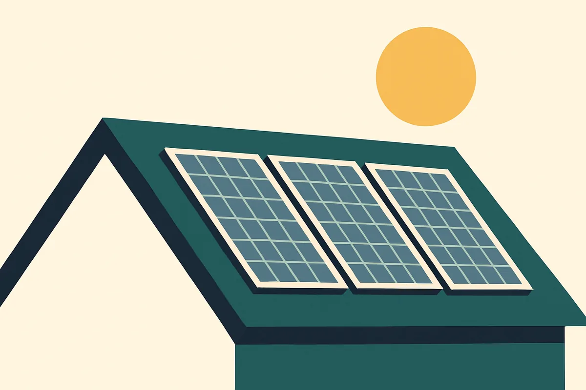 A flat illustration of a pitched roof carrying three solar panels under a plain sun.