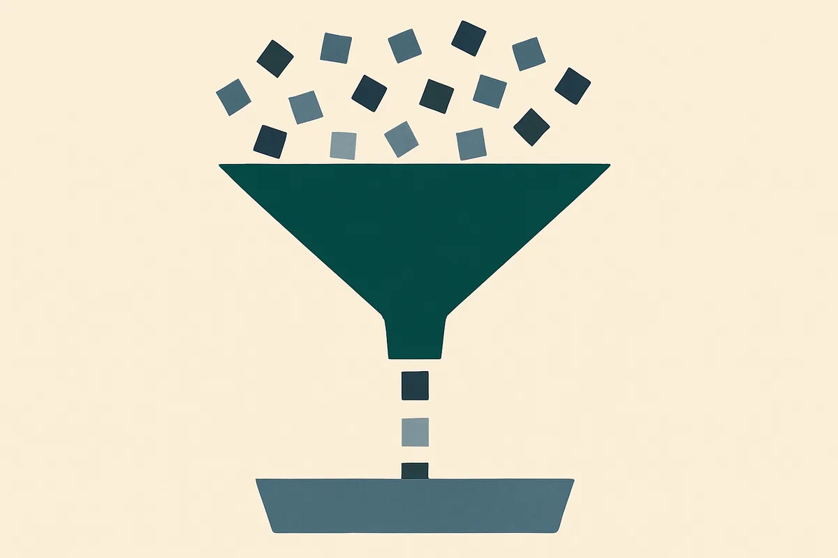 A flat illustration of a wide funnel with many small squares entering the top and three leaving the spout.