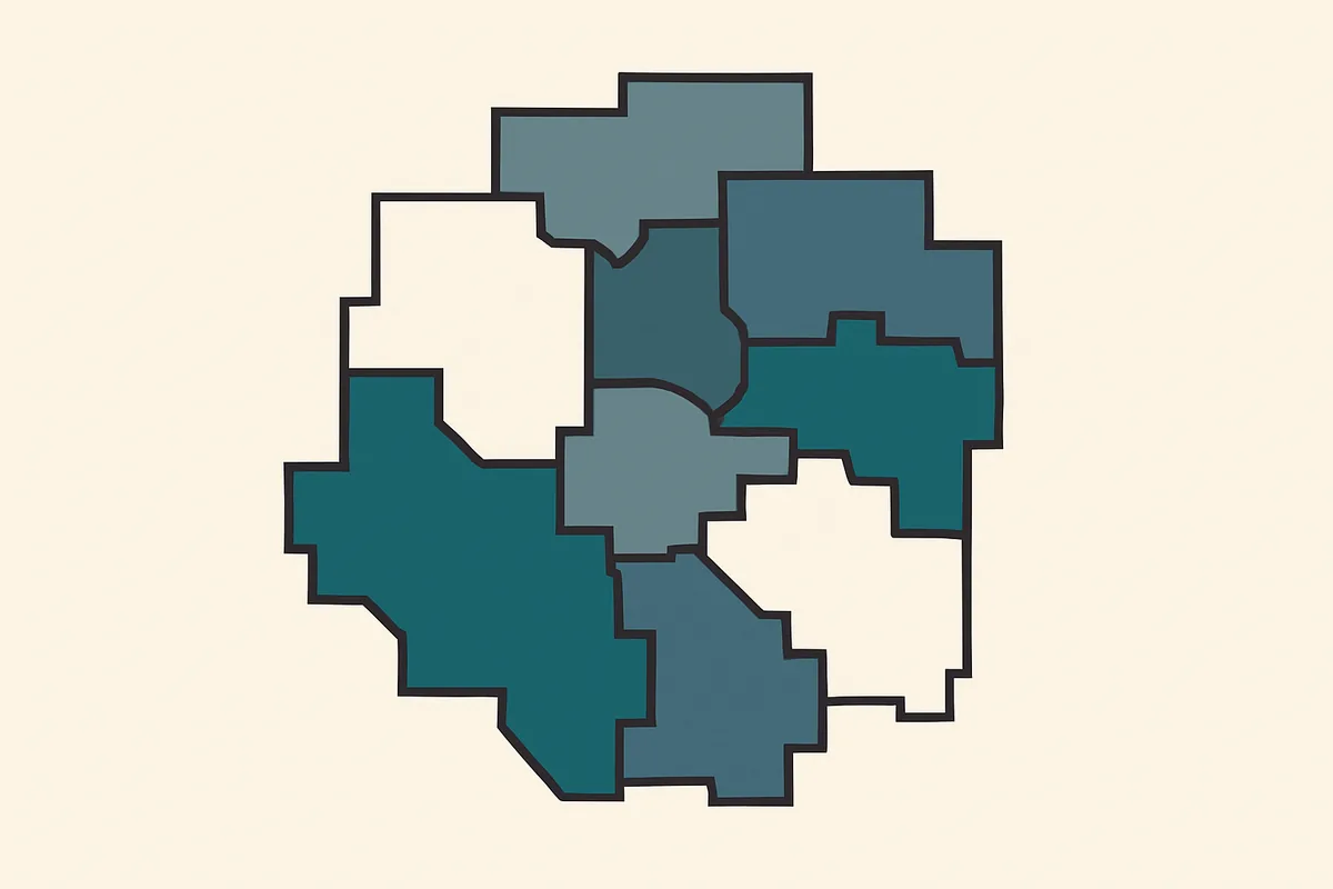 A flat illustration of interlocking district shapes like a jigsaw, three of them filled in a bold colour.