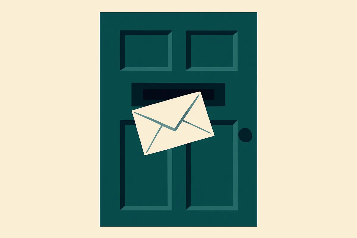 A flat illustration of an envelope going through the letterbox slot of a plain front door.
