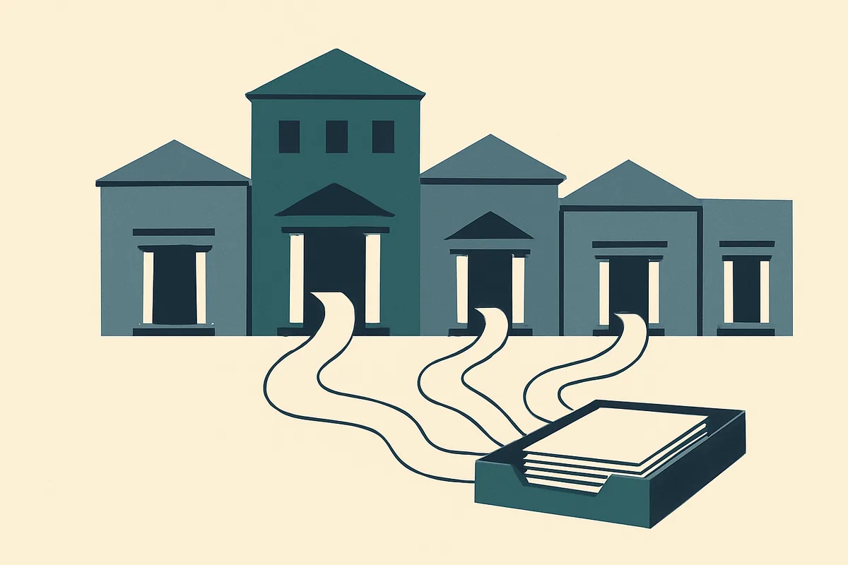 A flat illustration of a row of plain civic buildings with sheets of paper flowing from their doors into one tray.
